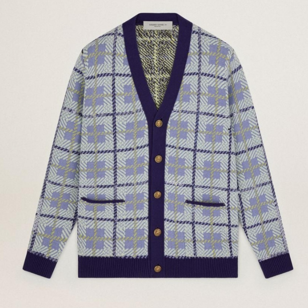 Golden Goose Sequin Embellished Plaid Wool Blend Cardigan Multicolor